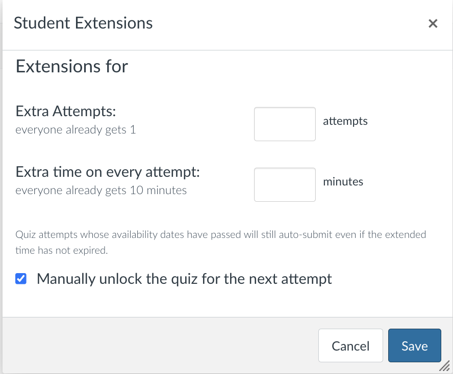 Screenshot of Student Extensions dialogue box in Classic Quizzes to add additional time or attempts